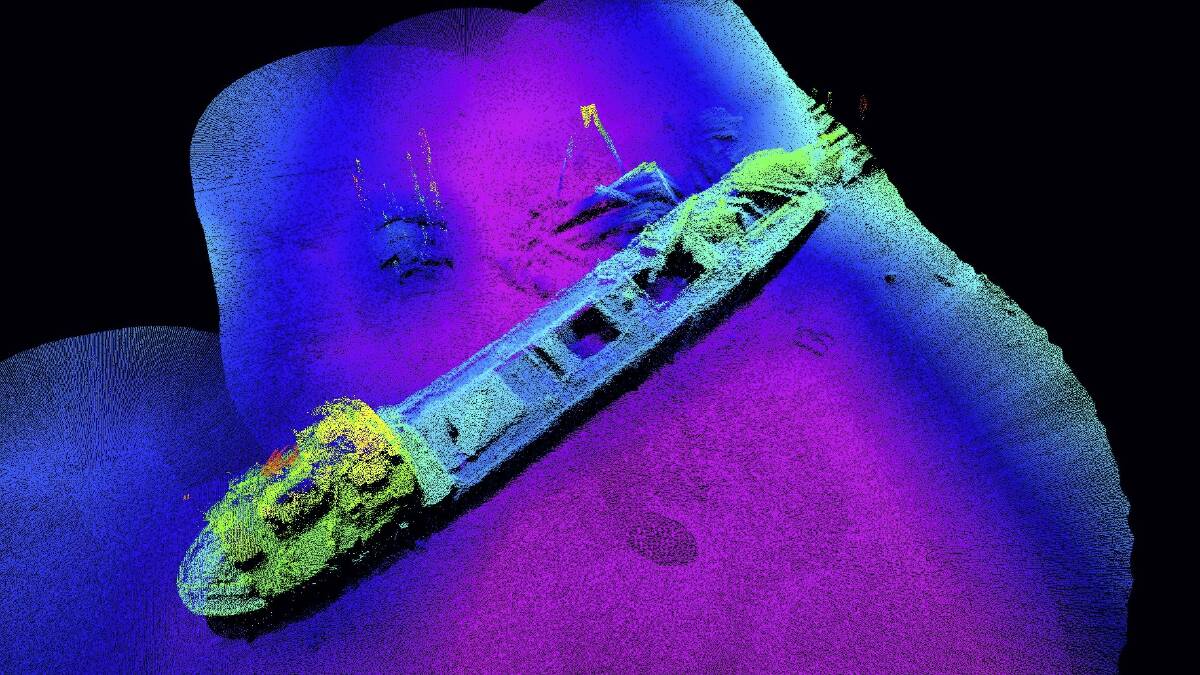 The sonar mapping image of the MV Lake Illawarra as it sits on the bottom of the Derwent River. Image: CSIRO.