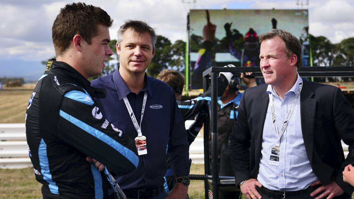 Volvo driver Scott McLaughlin, V8 Supercars chief executive James Warburton and Premier-elect Will Hodgman. Picture: SCOTT GELSTON