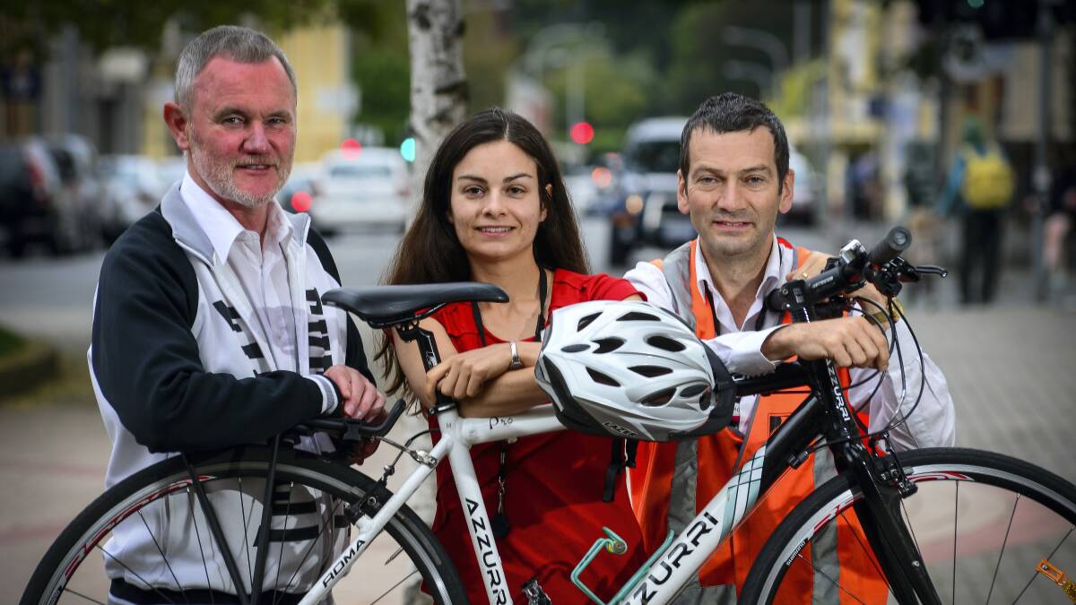 Launceston Mayor Albert van Zetten with Launceston City Council employees and bicycle commuters Lara Rector and Nigel Coates, who is also a traffic engineering officer. Picture: PHILLIP BIGGS