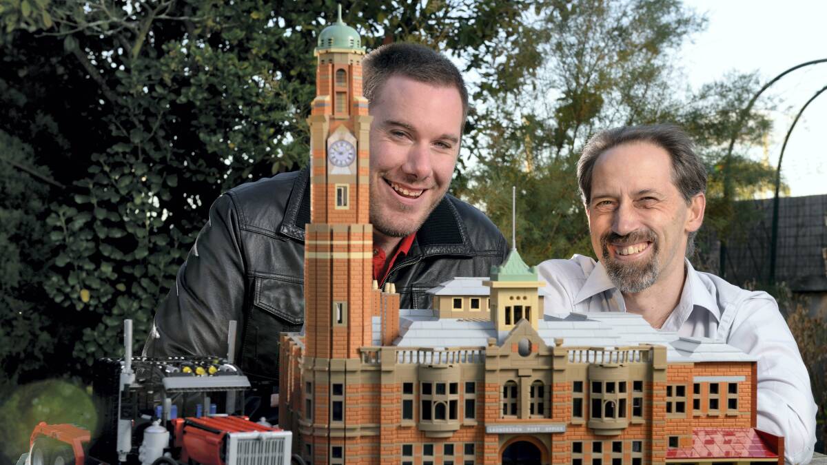 James Atkinson and Ken Draeger with a Lego model of the Launceston Post Office. Picture: MARK JESSER