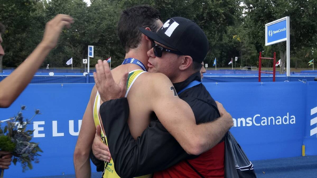 Jake Birtwhistle’s coach, Jamie Turner, is delighted with his charge after his silver medal-winning effort in the ITU World Junior Triathlon Championships in Edmonton. Picture: HANSON MEDIA