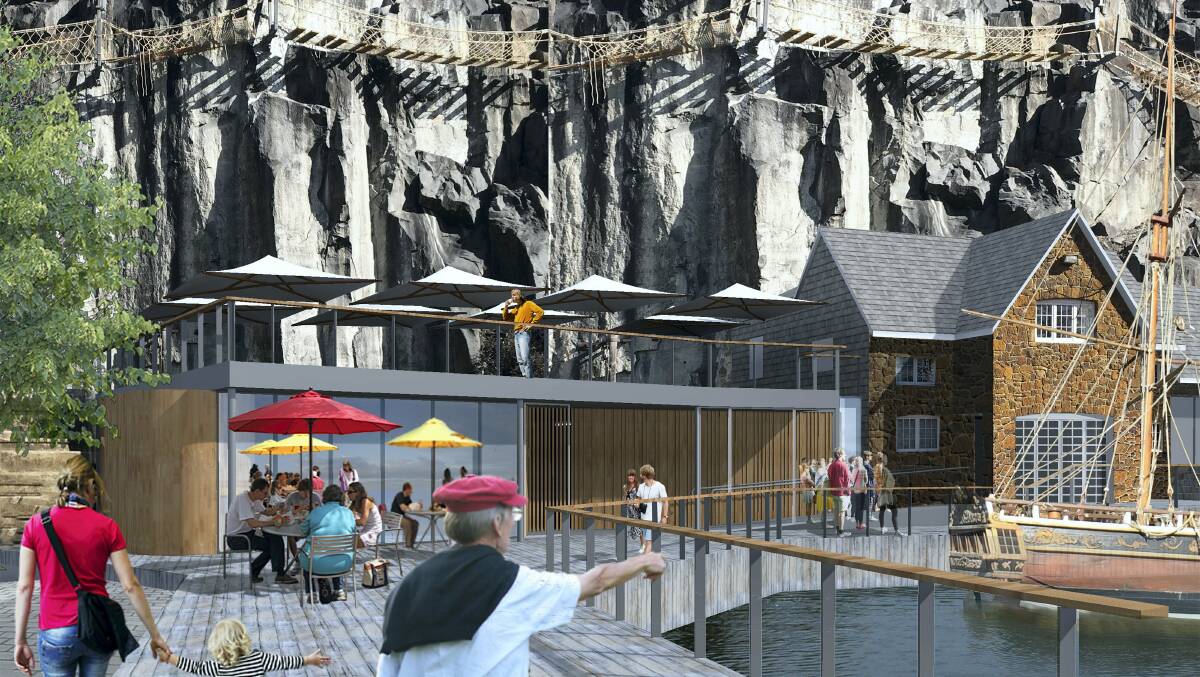 An  artist’s impression of  the  development for the Penny Royal site in Launceston. The proposal includes three restaurants, two cellar doors, a wine bar, a whisky distillery, a chocolatier and  a cliff-climbing gym.