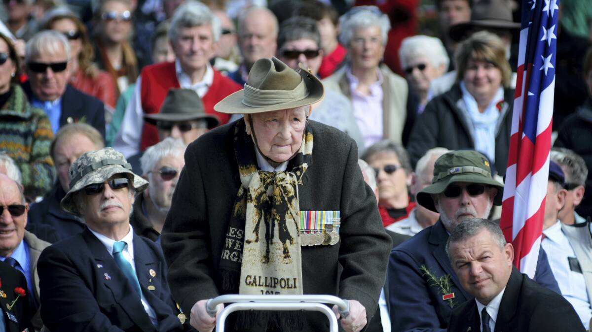 Vincent Cahill stands proud at the Anzac centenary service held at Longford yesterday. Picture: GEOFF ROBSON