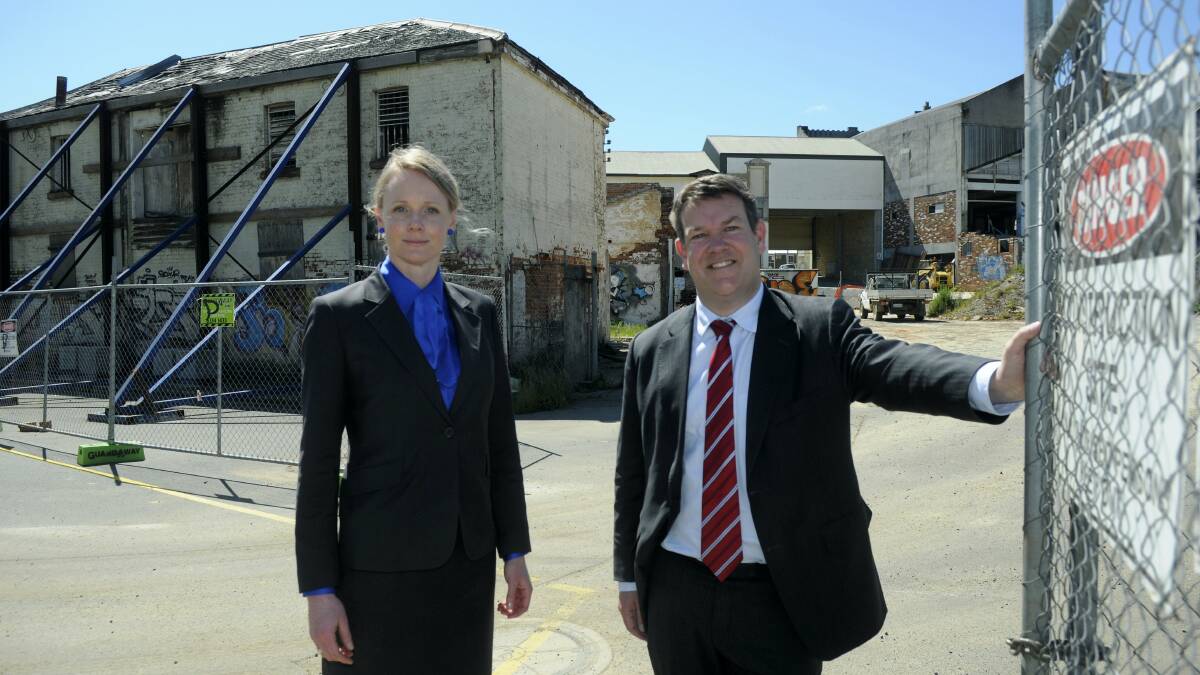 The Minister for Environment, Parks and Heritage Matthew Groom with Liberal Member for Bass Sarah Courtney at the cordial factory building on  the C.H. Smith building  site.  Picture: PAUL SCAMBLER