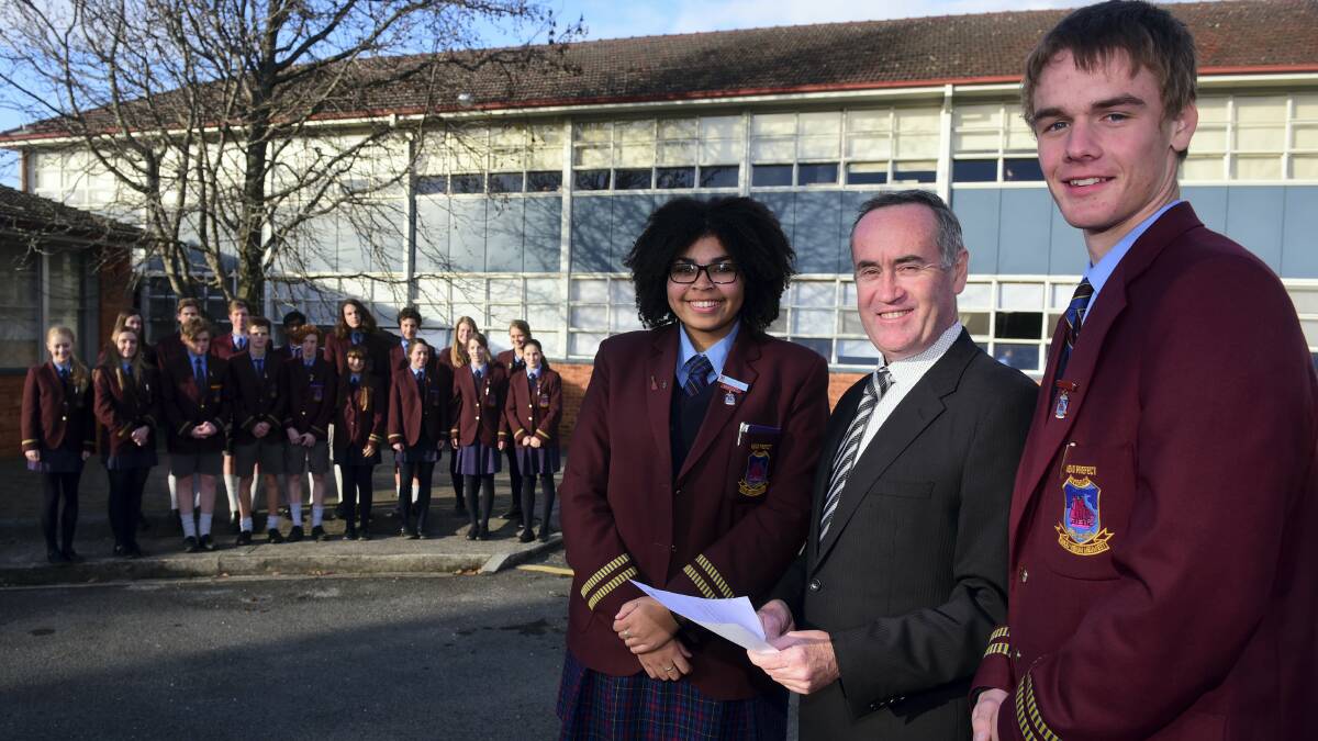 Riverside High principal Greg Morgan and year 10 head prefects Ryan Gregson and Shanice Chucku say the school and wider community will benefit from an infrastructure upgrade.  Picture: PAUL SCAMBLER