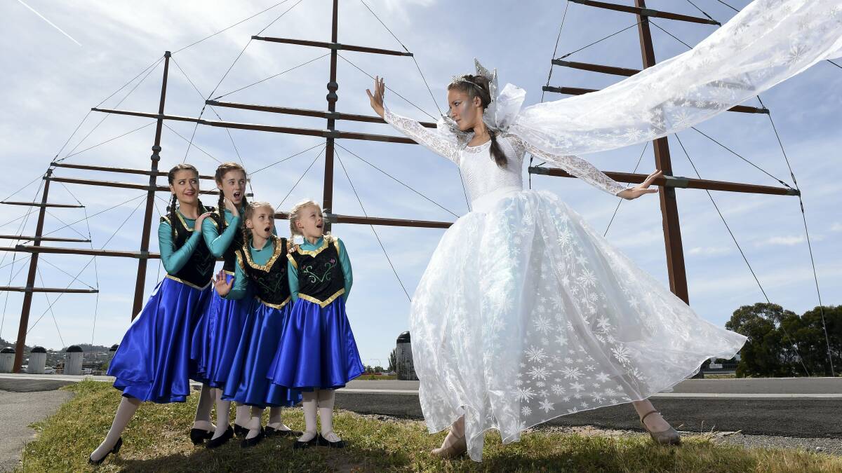 Performing in the Kim Roe School of Dance pantomime Ice Queen are girls who play Gerda (Ana in Frozen) over the years Kasmyn Murfet, 17, Ashlee Beams, 14, Kealey McHenry, 10, and Eliza Chapman, 8, with Ice Queen Elie Roe Daniel. Picture: MARK JESSER