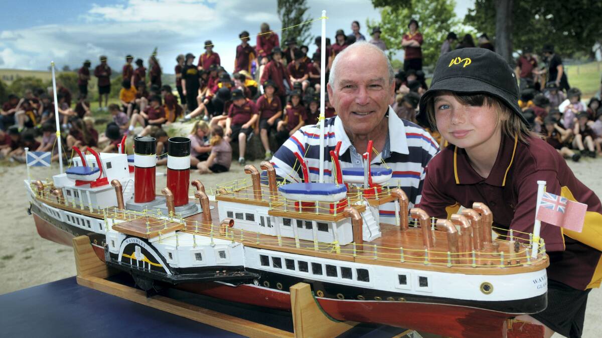 Model builder Neville Grady and Waverley Primary School grade 5  pupil   Hayley Foon, 11,  with the PS Waverley. Picture: PAUL SCAMBLER