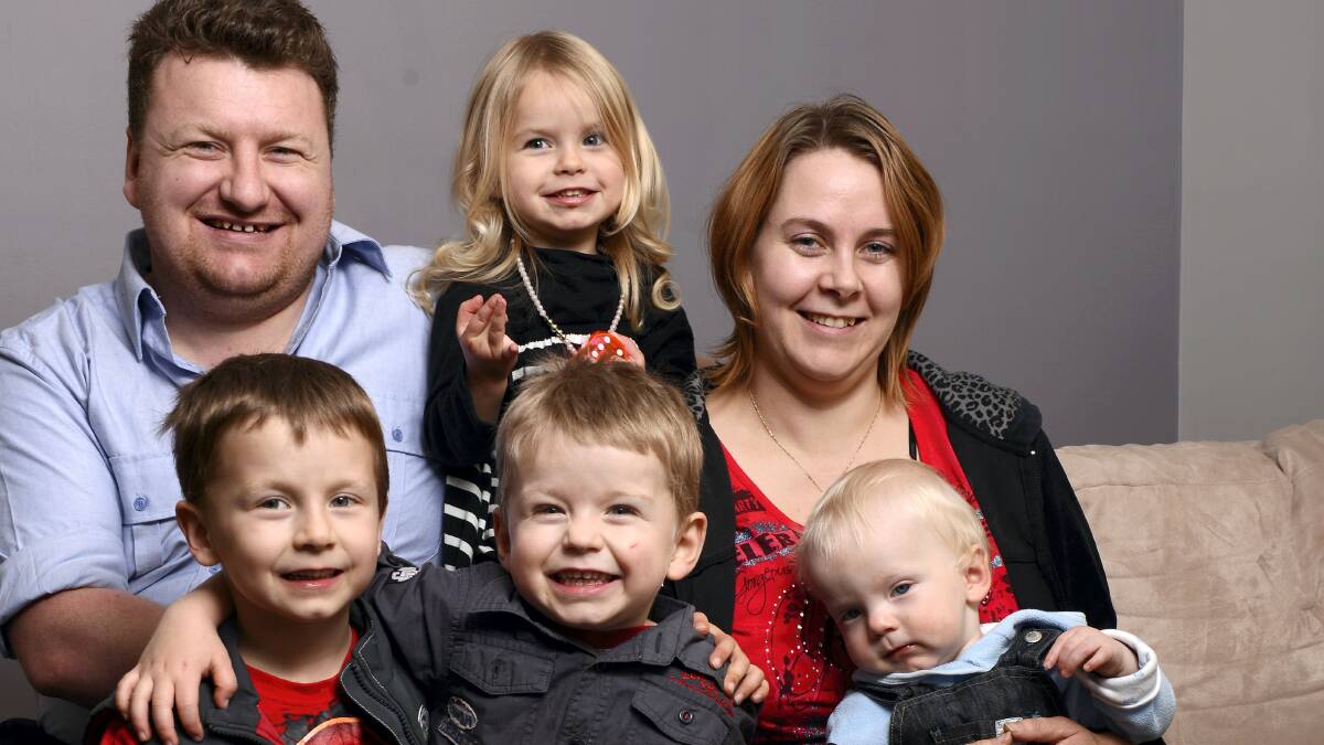  Rob and Claire Sykes with their children Jasmine, 2,  Gabe, 5, Will, 4, and 11-month-old Joshua. Picture: SCOTT GELSTON
