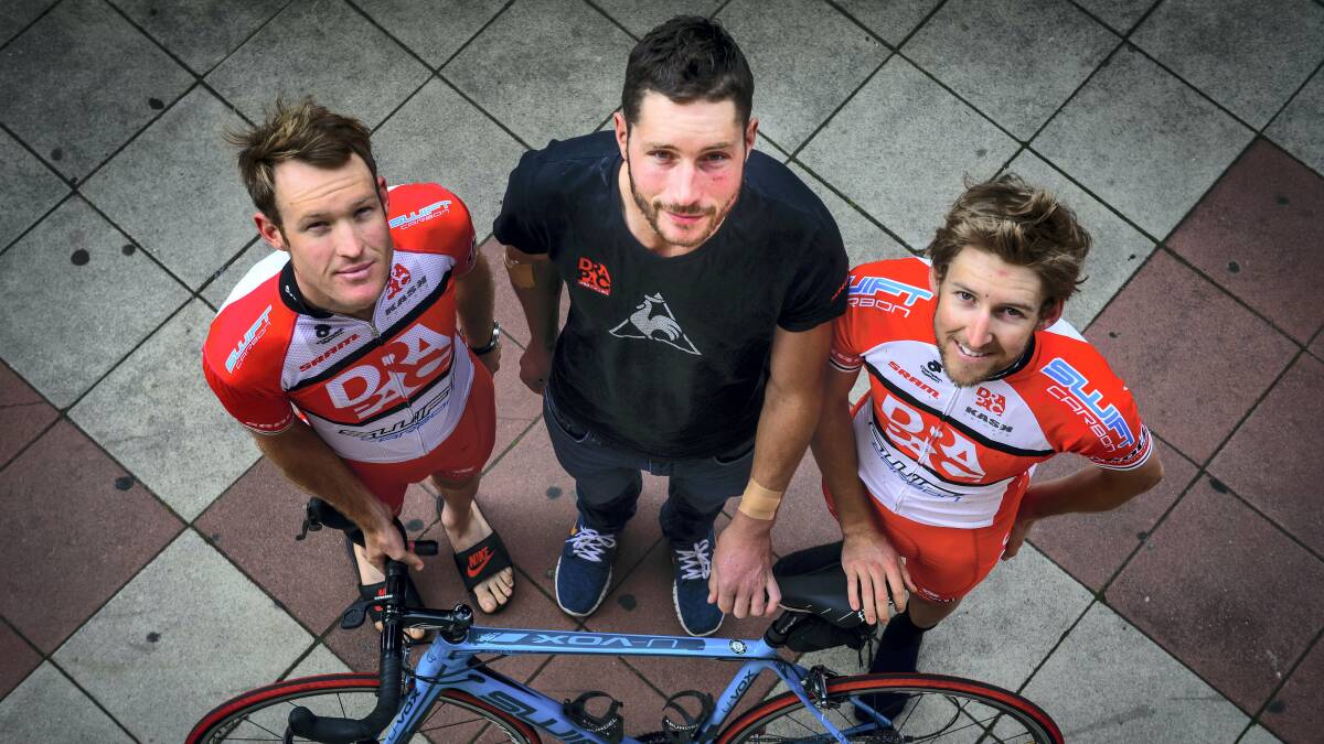 Tasmanian cyclists Bernie Sulzberger, Will Clarke and Wes Sulzberger are looking forward to racing at home for next week’s Tour of Tasmania. Picture: PHILLIP BIGGS