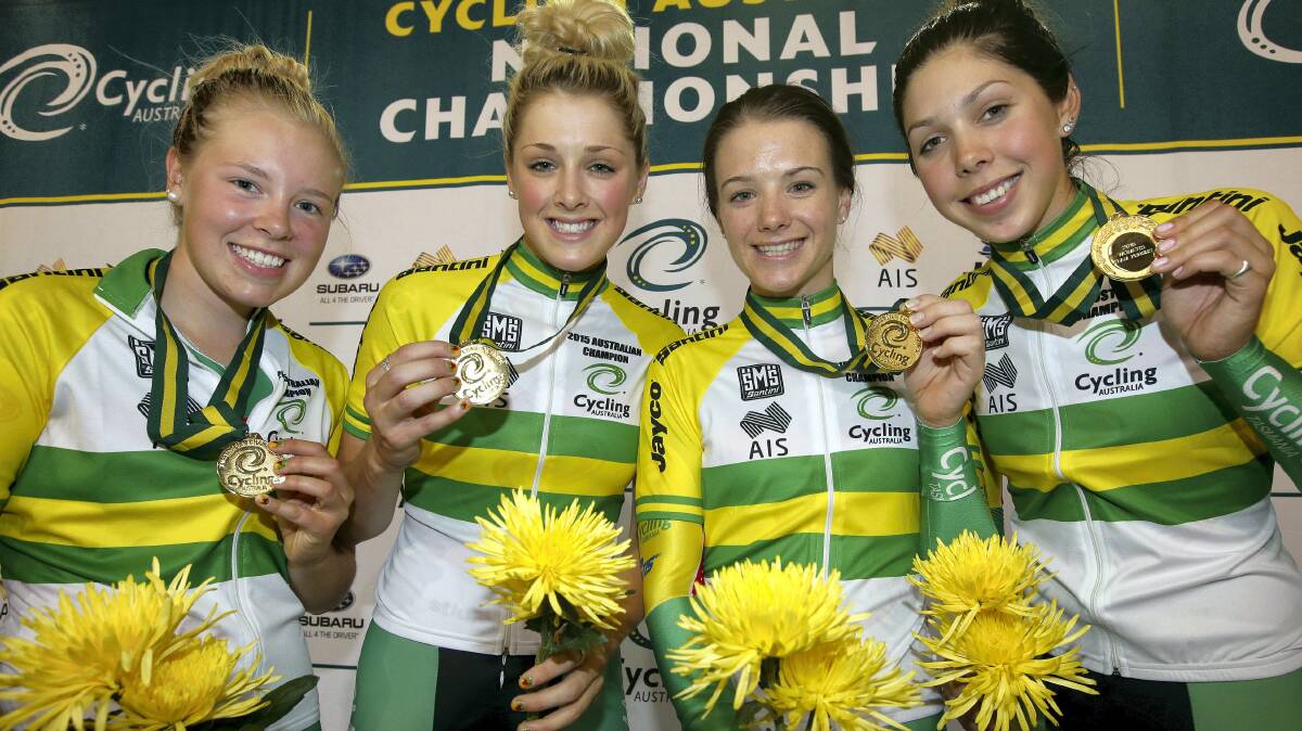 Members of the Tasmanian women’s pursuit team, Lauren Perry, Macy Stewart, Amy Cure and Georgia Baker, celebrate their gold-medal winning performance at last night’s national track titles in Melbourne. Picture: CYCLING AUSTRALIA.