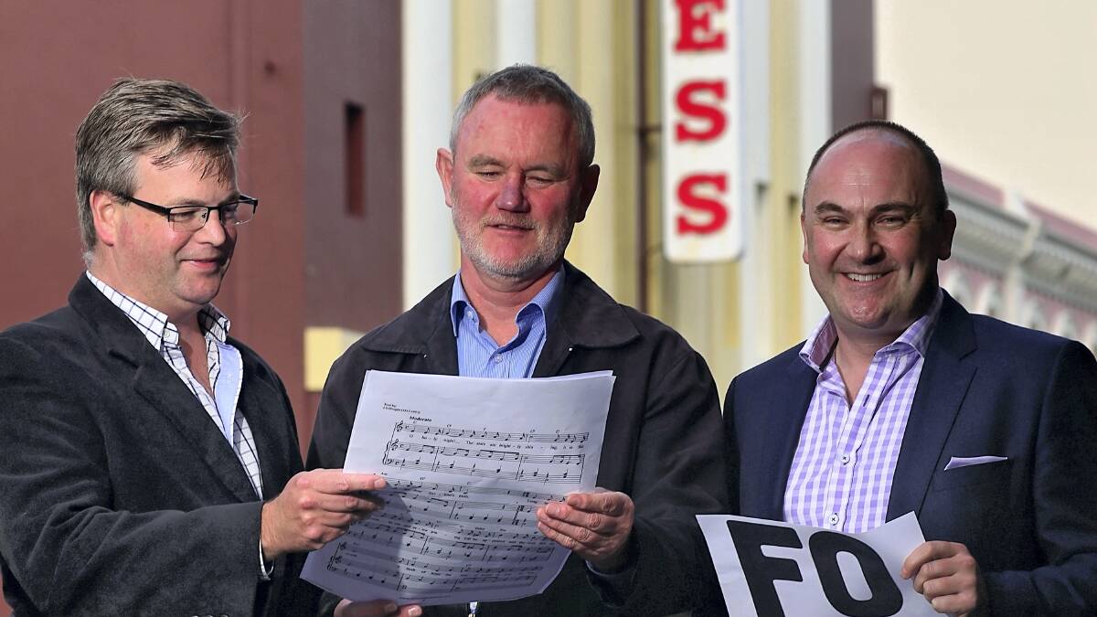 Launceston Alderman Simon Wood, Mayor Albert van Zetten and Festival of Voices chairman Damon Wise announce the festival’s  Northern road trip. The North will be treated to a three-day program.  Picture: PHILLIP BIGGS