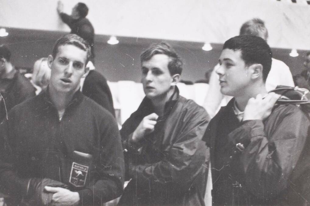 Fun and Games: Peter Tonkin (right) with teammates Kevin Berry and Brett Hill at the 1964 Olympic Games in Tokyo. Picture: Supplied.