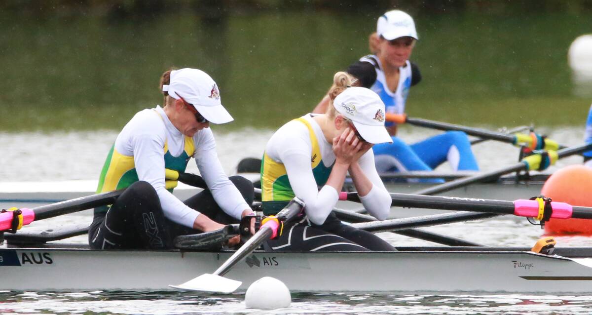 Gutted: Australians Hannah Every-Hall and Georgia Nesbitt show their disappointment after failing to make the lightweight double sculls final in Lucerne. Picture: Rowing Australia