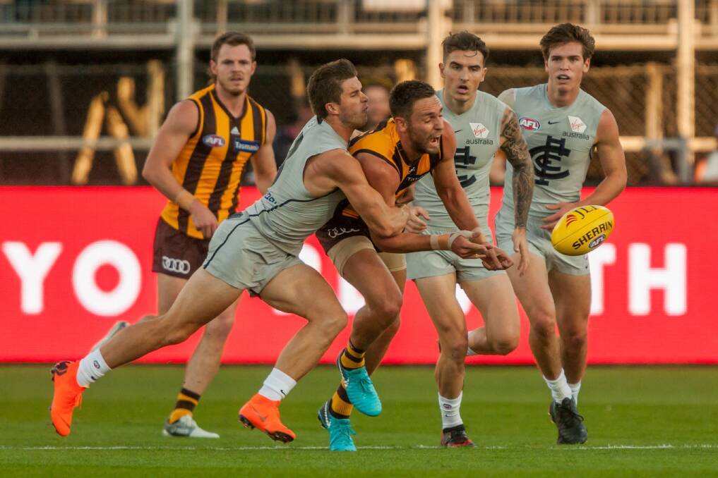 Long run: Hawthorn kicked off a 17th season of playing in Launceston with a pre-season match against Carlton earlier this month. Picture: Phillip Biggs.