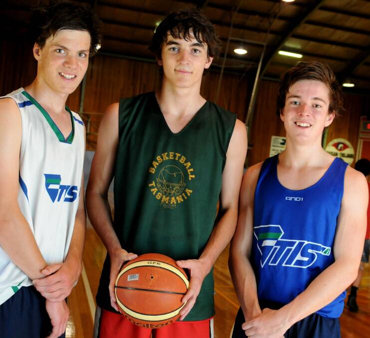 Flashback: Gabe Hadley at a Tasmanian basketball camp in 2013 with teammates Joe Chilcott and Kai Woodfall, all of Launceston.