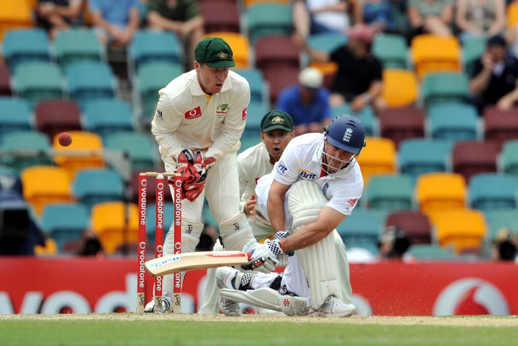 Sweeping up: Andrew Strauss, watched by Brad Haddin and Michael Clarke at the Gabba, leading England towards the 2010 Ashes series victory which led to the Argus Review. Picture: Will Swan