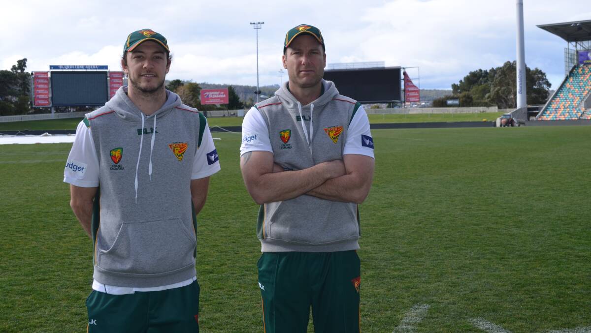 Tasmanian Tigers upgraded rookie Gabe Bell and coach Adam Griffith at Bellerive Oval. Picture: Rob Inglis