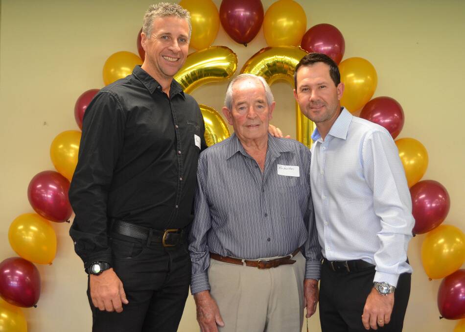 CHAMPION OF CHAMPIONS: Mowbray Cricket Club founder Rex Davidson surrounded by two of its famous names, Troy Cooley and Ricky Ponting.
