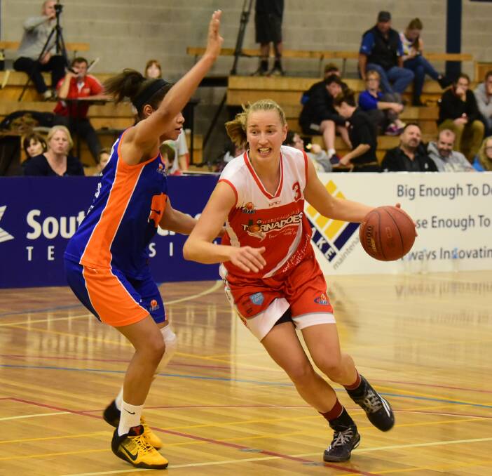 THIS IS MY COURT: Launceston Tornadoes import Mikaela Ruef shows who's boss, driving to the basket earlier this season in the SEABL women's home clash against the Sandringham Sabres. Picture: Paul Scambler