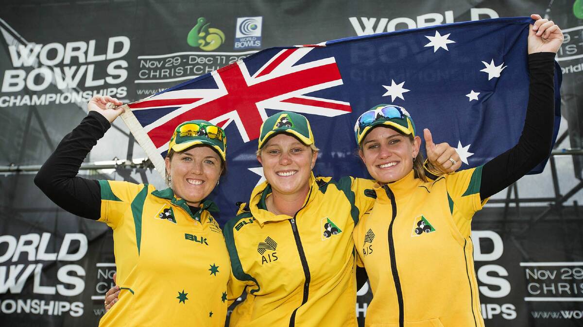 Green and gold: 2016 bowls triples world champions Rebecca Van Asch, Natasha Scott and Carla Krizanic. Picture: Bowls Australia.