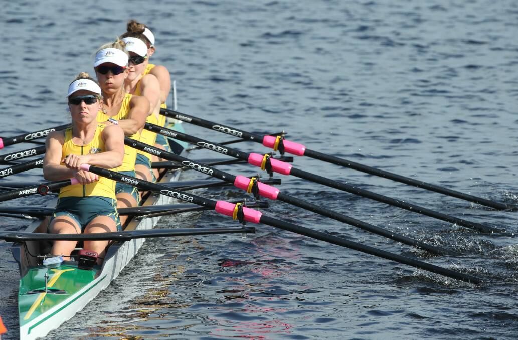 Florida key: The Australian lightweight women’s quadruple scull crew of Georgia Nesbitt, Amy James, Alice Arch and Georgia Miansarow competing at the rowing world championships in Florida. Picture: Rowing Australia.