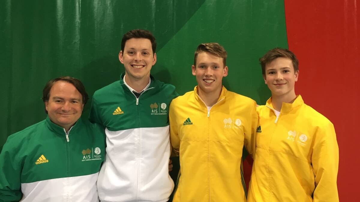 Flag flyers: The Tasmanian contingent in Bulgaria of coach Ben Kelly, Jack Penny, Matthew French and Flynn Caro.