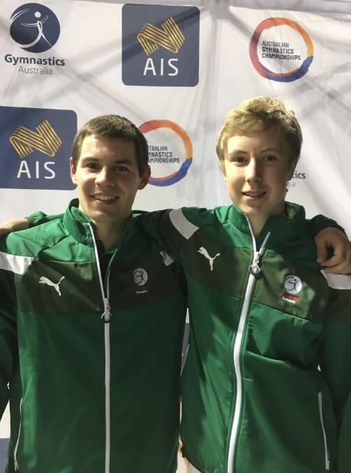 Teamwork: James Sonneveld, of Hobart, and Dylan Hill, of Launceston, won their men's synchronised trampoline.