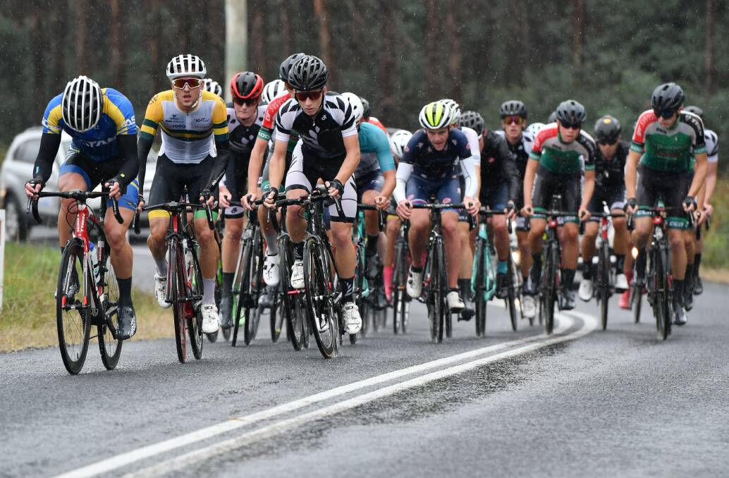 National colours: Australian under-19 road race champion Tyler Lindorff (second from left) among the Oceania field near Railton. Pictures: Brodie Weeding