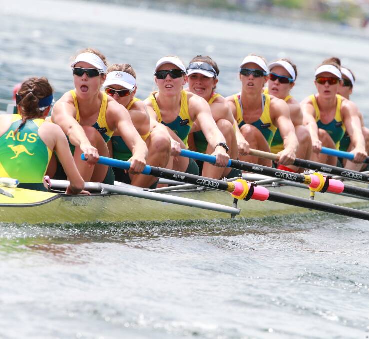 Pieces of eight: Meaghan Volker (sixth from left) rowing with the women's eight in Lucerne. Picture: Rowing Australia