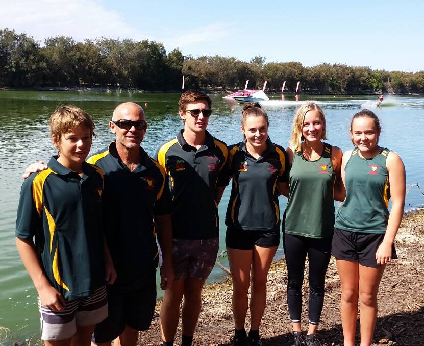 Jump to it: The Tasmanian water ski team at nationals consisted of Peter, Heidi and Jack Schouten, Shania and Matthew Browne and Libby Barr.
