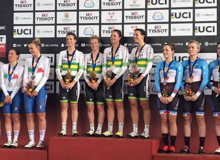 Super Cali: Amy Cure and Australian teammates Alex Manly (SA), Ashlee Ankudinoff (NSW) and Rebecca Wiasak (ACT) strike gold in Colombia. Picture: Cycling Australia