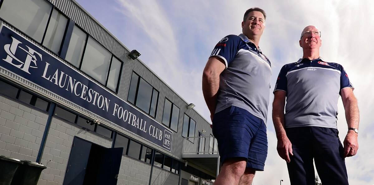 COMING HOME: Outgoing Blues coach Chris Hills and club president Paul O’Donoghue put out the welcome mat for newly appointed coach Sam Lonergan. Picture: Phillip Biggs