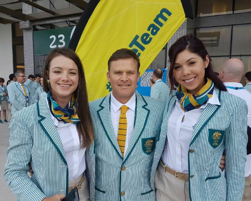 Tassie trio: Amy Cure, coach Matt Gilmore and Georgia Baker in their Australian uniforms at the Rio Olympics.