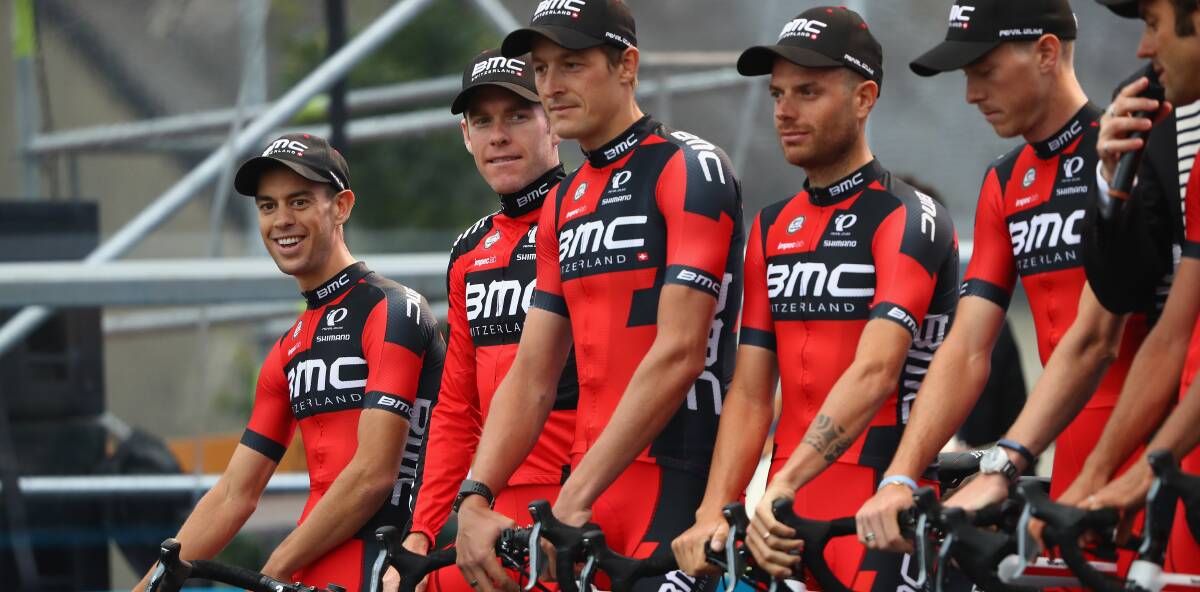 On tour: Richie Porte (left) with his BMC colleagues during this week's team presentations in Sainte-Mere-Eglise, France. Pictures: Getty Images