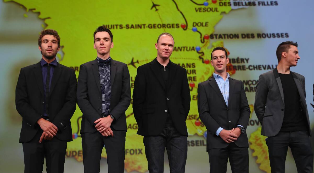Map readers: At the  Tour de France route announcement are Thibaut Pinot, Romain Bardet, Chris Froome, Richie Porte and Julian Alaphilippe. Picture: Getty Images