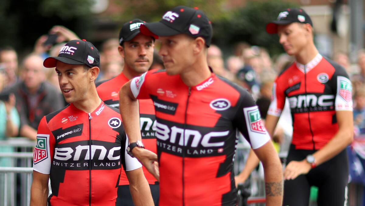 Cap that: Porte and his BMC teammates at this week's Tour presentation.