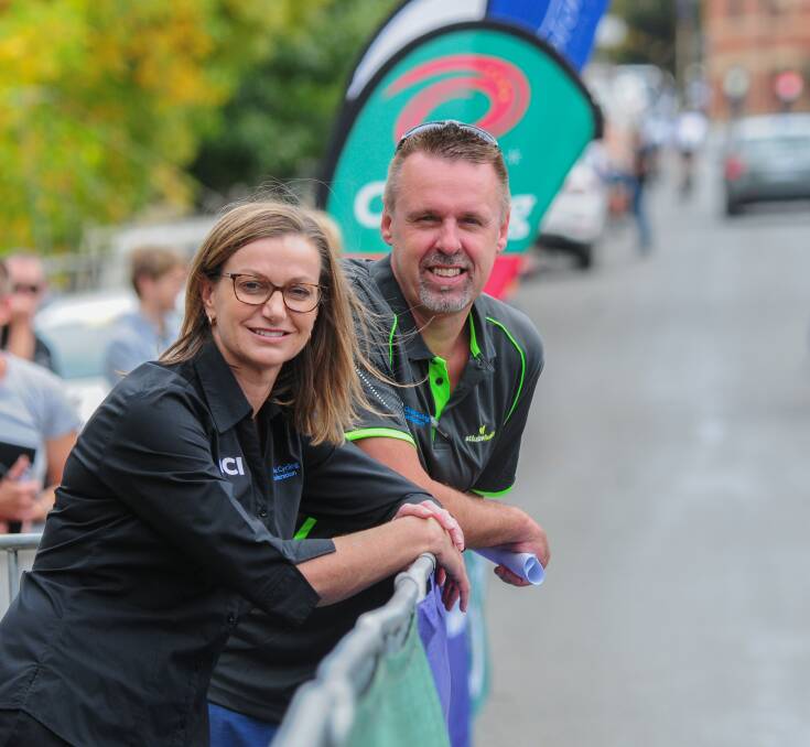 Road work in progress: Oceania Cycling Federation president Tracey Gaudry and Cycling Tasmania executive officer Collin Burns at Evandale. Picture: Paul Scambler