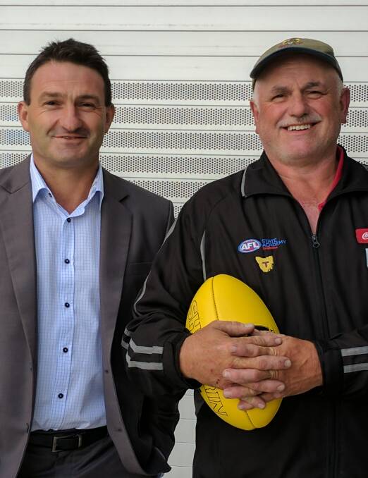 RECRUITED: AFL Tasmania chief executive Robert Auld with new Tassie Mariners coach Lance Spaulding. Picture: AFL Tasmania
