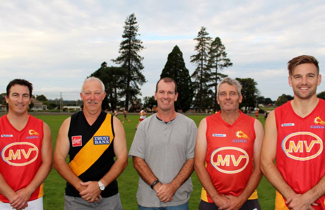 REUNITED: Meander Valley Suns coach Mick Bowden, Andrew Appleyard, Paul Claxton (reunion players), reserves coach Ian Bernes and president Alex Wadley.