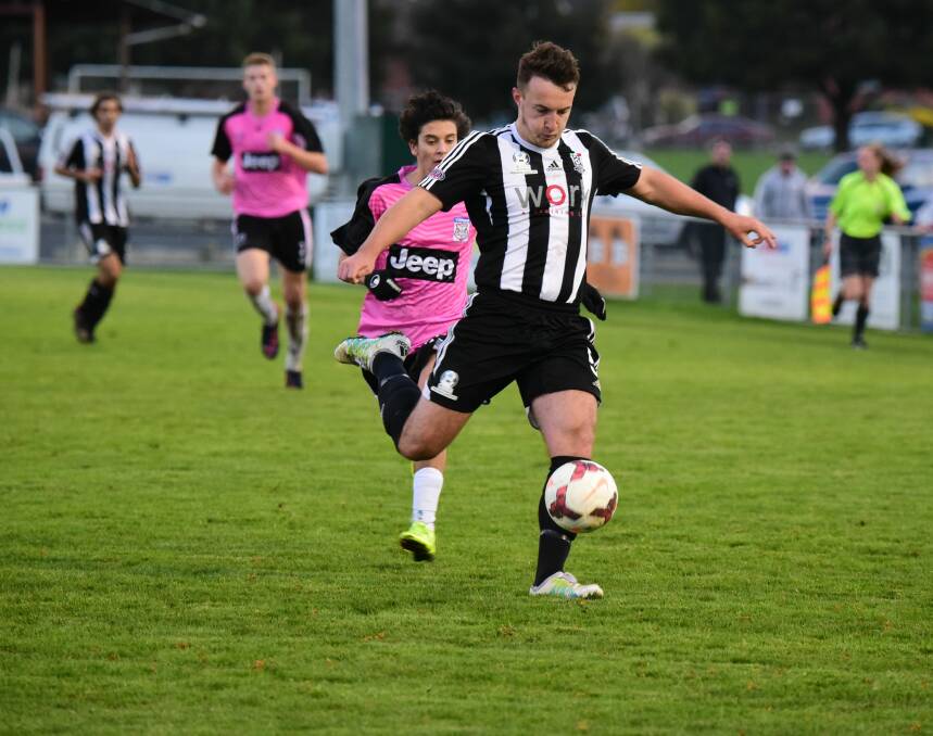 Volley: Launceston City's Ryan Schofield showed some great touch last week in the Tasmanian premier league. Picture: Paul Scambler
