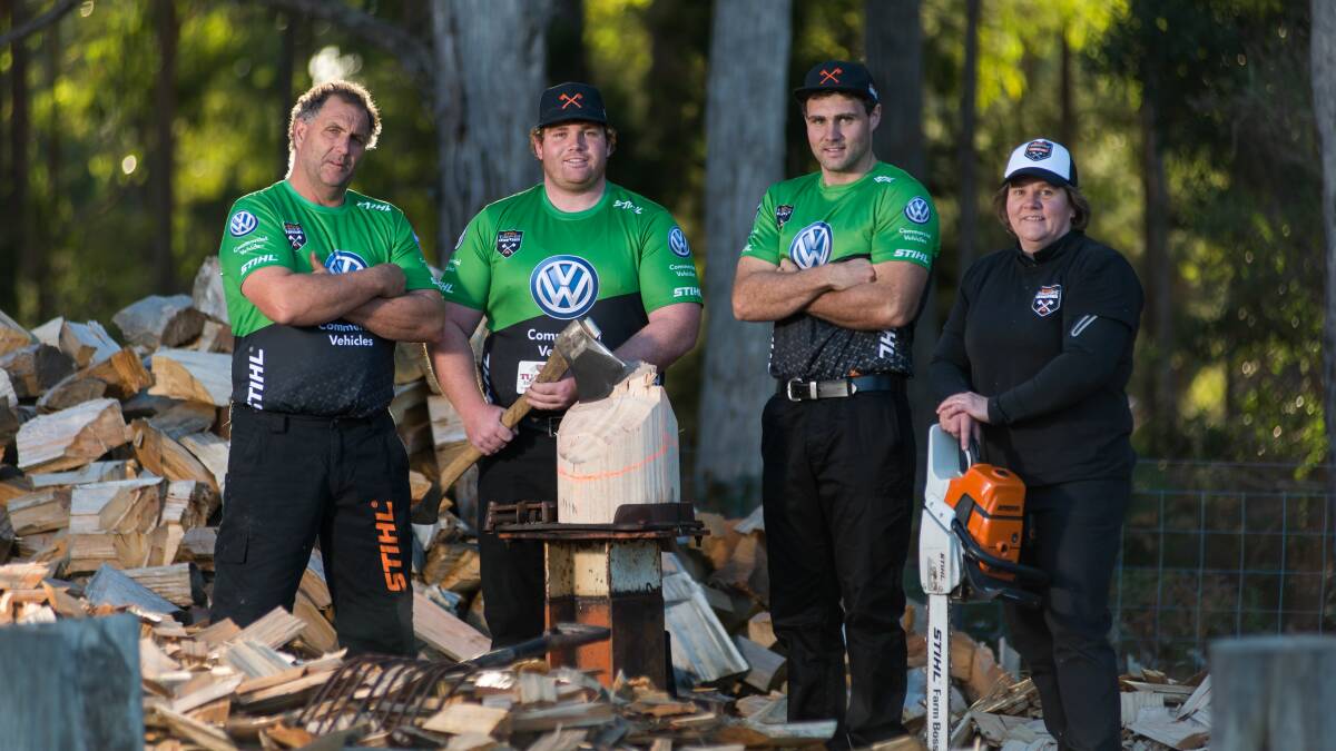 CHIP OFF THE OLD BLOCK: Woodchopping family Dale, Daniel, Zack and Amanda Beams. All four will compete at this weekend's national championship event in Melbourne. Picture: Phillip Biggs