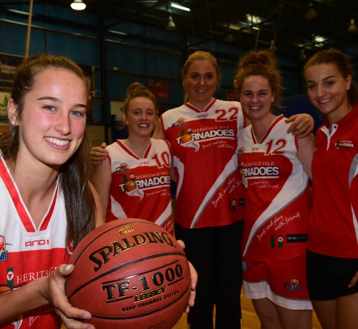 TALENT: Launceston Tornadoes Samantha Phillips, with teammates Jessy Price, Tayla Roberts, Liz Howe and Nin Howard. Picture: Paul Scambler