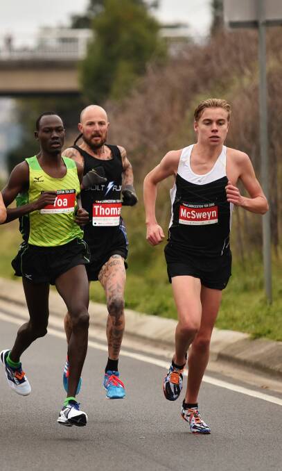 FORM: Stewart McSweyn (far right) competing in the Launceston Ten. He will run his first Burnie Ten this Sunday. 