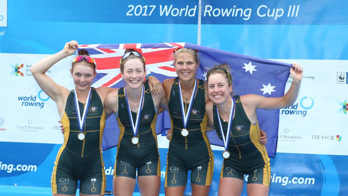 Lightweight quad: Amy James, Alice Arch, Georgia Miansarow and Georgia Nesbitt win gold at the rowing world cup in Lucerne. Picture: Rowing Australia