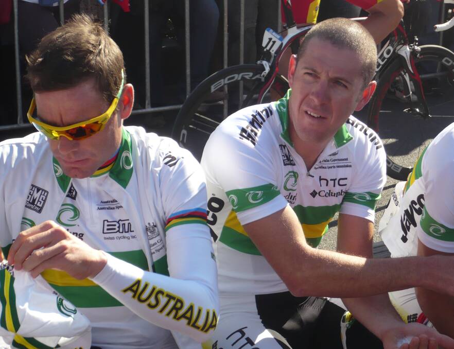 Tour de France winner Cadel Evans with Tasmanian cyclist Matt Goss at the 2010 cycling world championships in Geelong. Picture: Rob Shaw