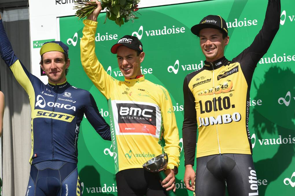 Happy days: Richie Porte (BMC) shares the Tour de Romandie podium with Simon Yates (Orica-Scott) and Primoz Roglic (Lotto Nl-Jumbo). Picture: Stefano Sirotti