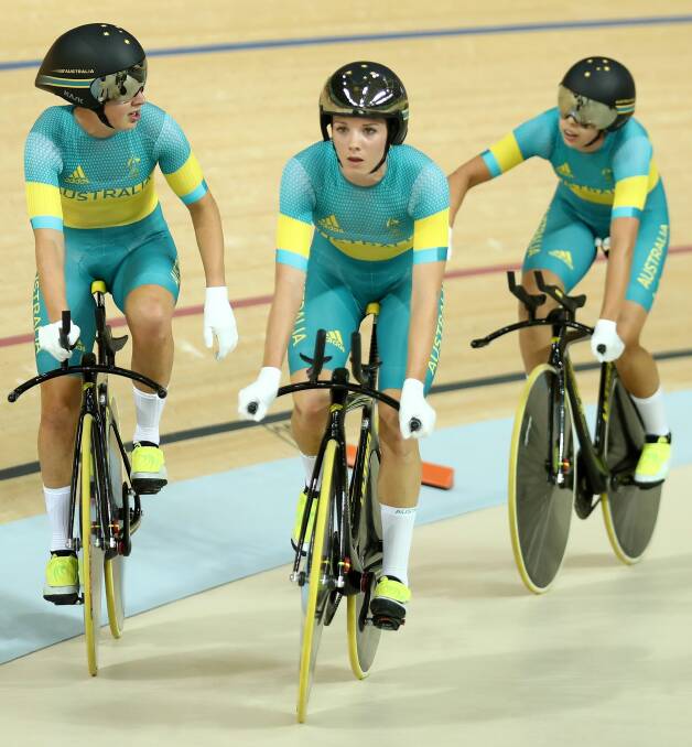 On track: Melissa Hoskins, Amy Cure and Georgia Baker after team pursuit qualifying at Rio de Janeiro's velodrome during the 2016 Olympic Games. Picture: Getty Images