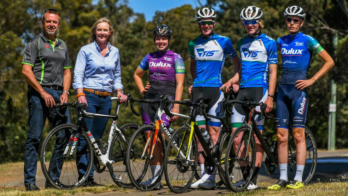 Top gear: Cycling Tasmania's Collin Burns and Liberal Member for Bass Sarah Courtney with Lauren Perry, Zack Gilmore, Josh Duffy and Zac Johnson. Picture: Phillip Biggs