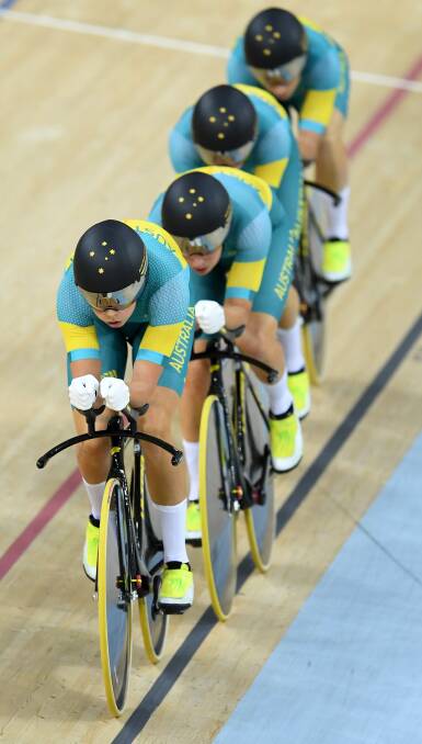 Front runner: Georgia Baker takes a turn on the front during the women's team pursuit at the Rio Olympics in August. Picture: Getty Images