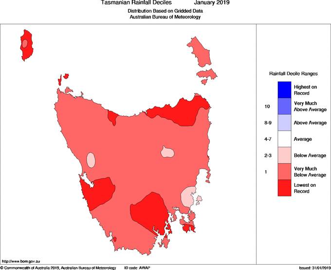RECORD MONTH: Rainfall was very much below average or the lowest on record across Tasmania this January. Picture: Bureau of Meteorology. 
